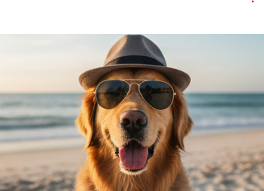 A golden retriever wearing a gray hat and aviator sunglasses sits on a sandy beach with the ocean in the background.